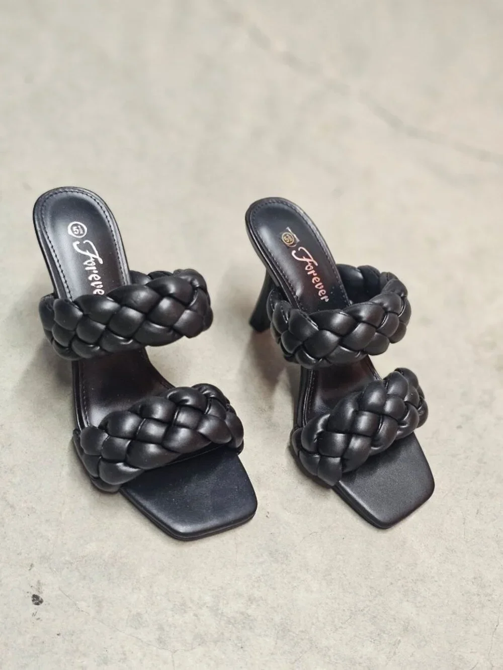 Braided Double Strap Black Heeled Sandals With Square Toe Design For Women